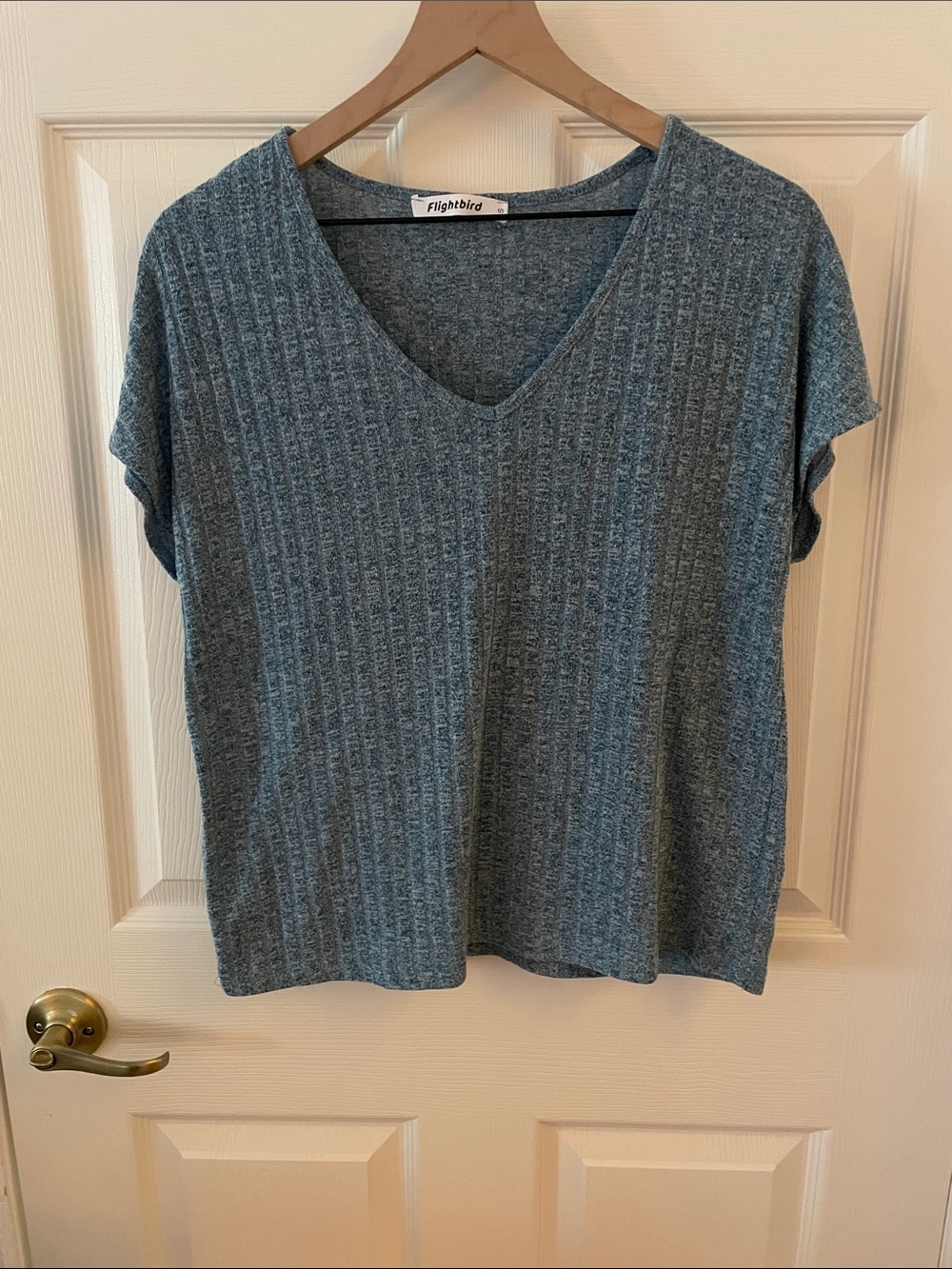 Flightbird V-Neck Blue Ribbed Loose Top, S
